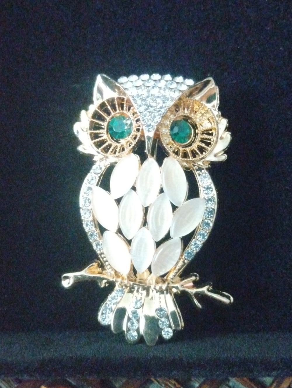 Gold-Tone Owl Brooch with White Marquise Accents and Green Eyes